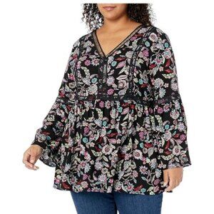 Avenue Behemian Black Floral Long Sleeve V-Neck Blouse Size 22/24 EUC #7102